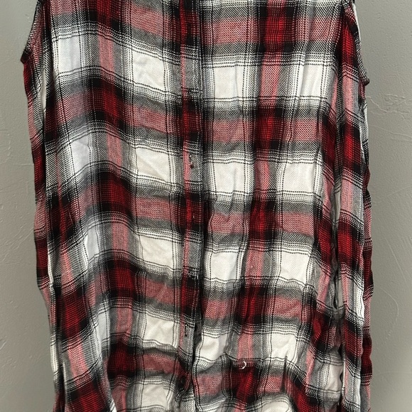 Plaid Open Shoulder Long Sleeve Button Down Top with Lace Detail - Picture 3 of 6